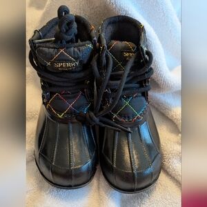 Sperry Kids Black Duck Boots with Rainbow Quilted Stitching